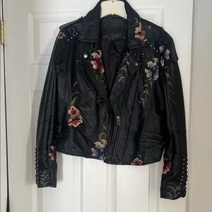 Blank NYC Black Faux Leather Jacket with Floral Embroidery